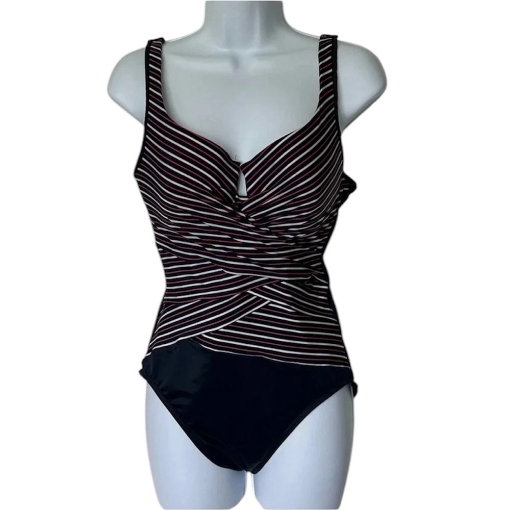 Miraclesuit Layered Escape one piece swimsuit navy red white stripe slimming 12 - Picture 3 of 12